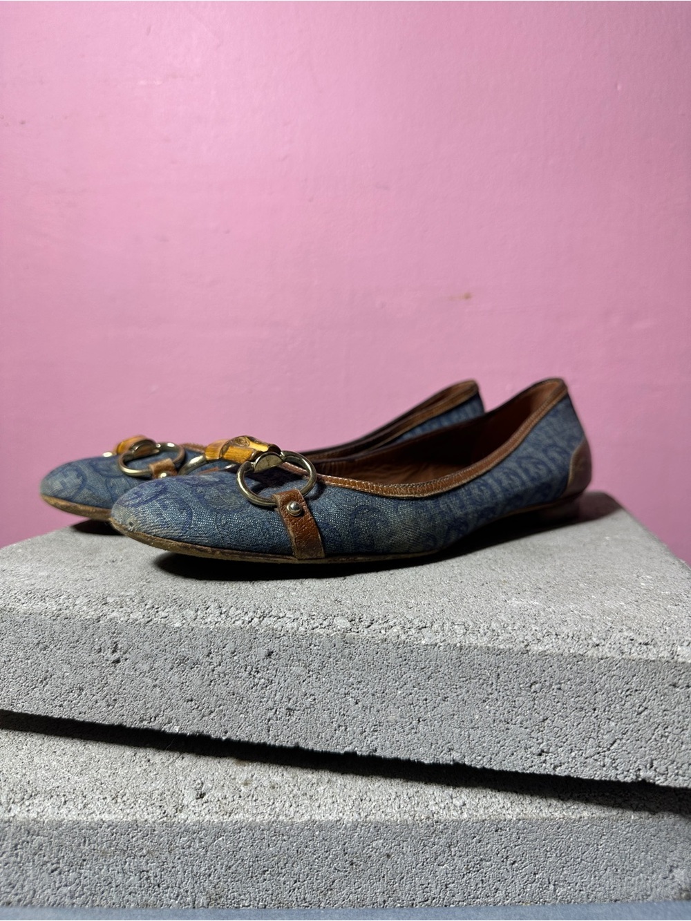 Vintage Gucci GG Denim Monogram Bamboo Horsebit Ballet Flats - Picture 4 of 7
